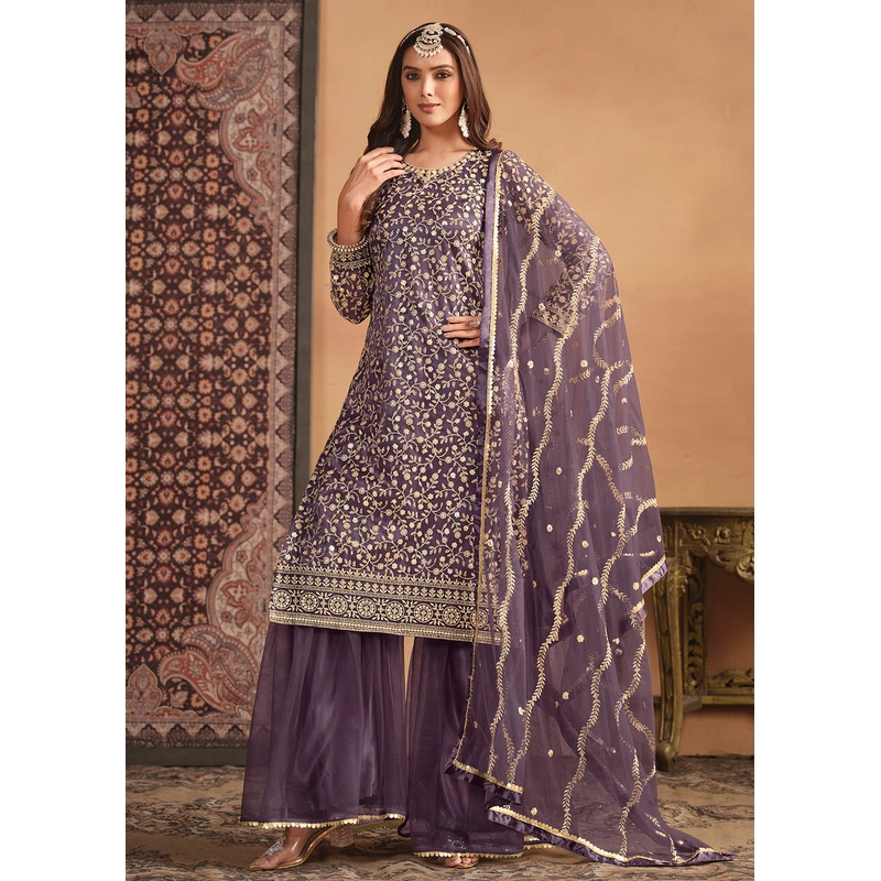 Net Dusty Purple Embroidered Festive Gharara Style Suit
