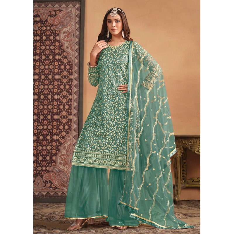 Net Mint Green Embroidered Festive Gharara Style Suit