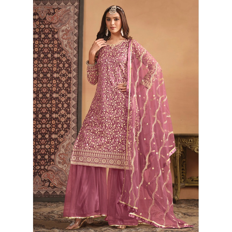 Net Onion Pink Embroidered Festive Gharara Style Suit