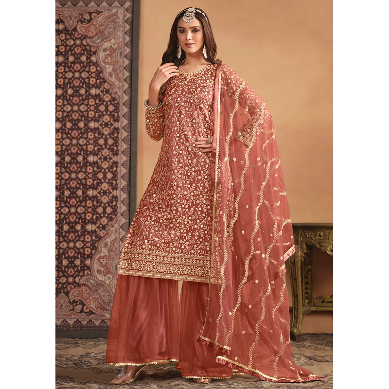 Net Rust Orange Embroidered Festive Gharara Style Suit