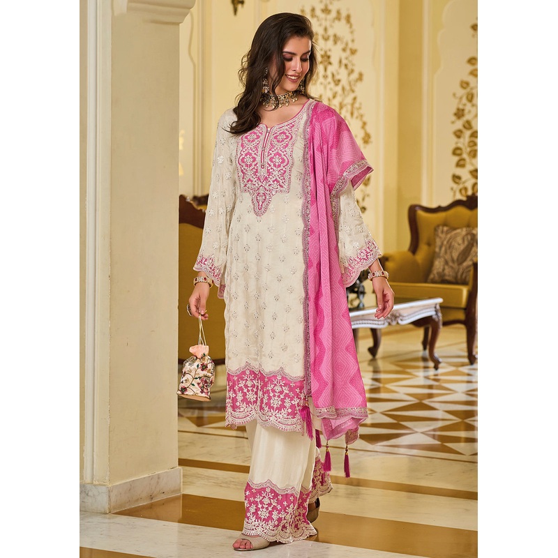 Off White & Pink Palazzo Style Chinnon Salwar Suit