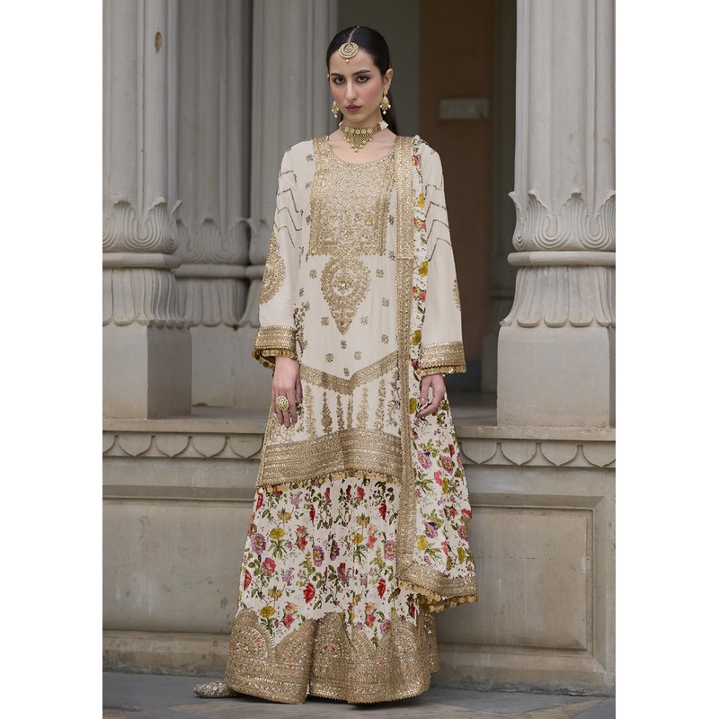 Off White Pure Chinnon Pakistani Style Palazzo Suit