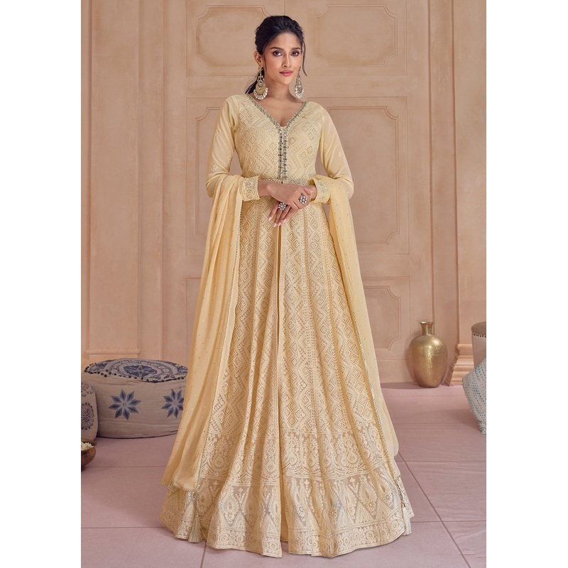 Palazzo Style Fawn Yellow Lucknowi Embroidered Anarkali Suit