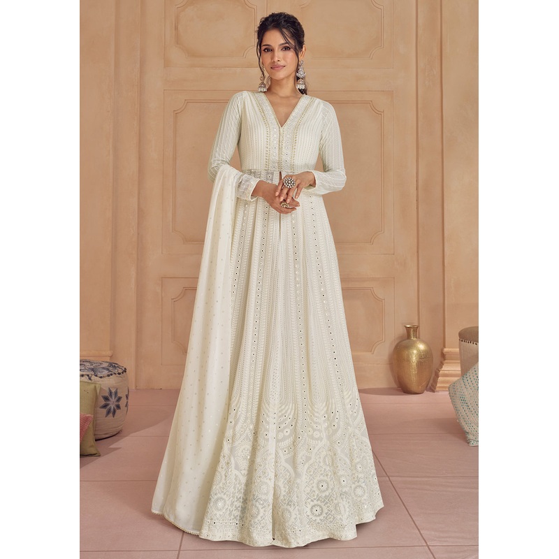 Palazzo Style Off White Lucknowi Embroidered Anarkali Suit