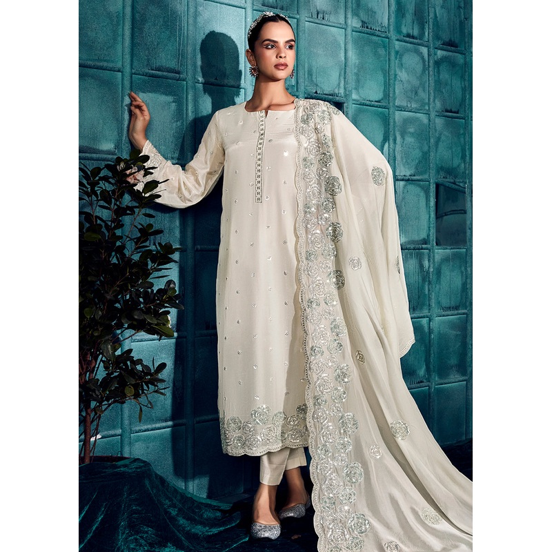 Pearl White Modale Silk Embroidered Festive Salwar Suit
