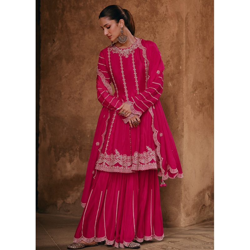 Pink Chinnon Silk Designer Style Embroidered Sharara Suit