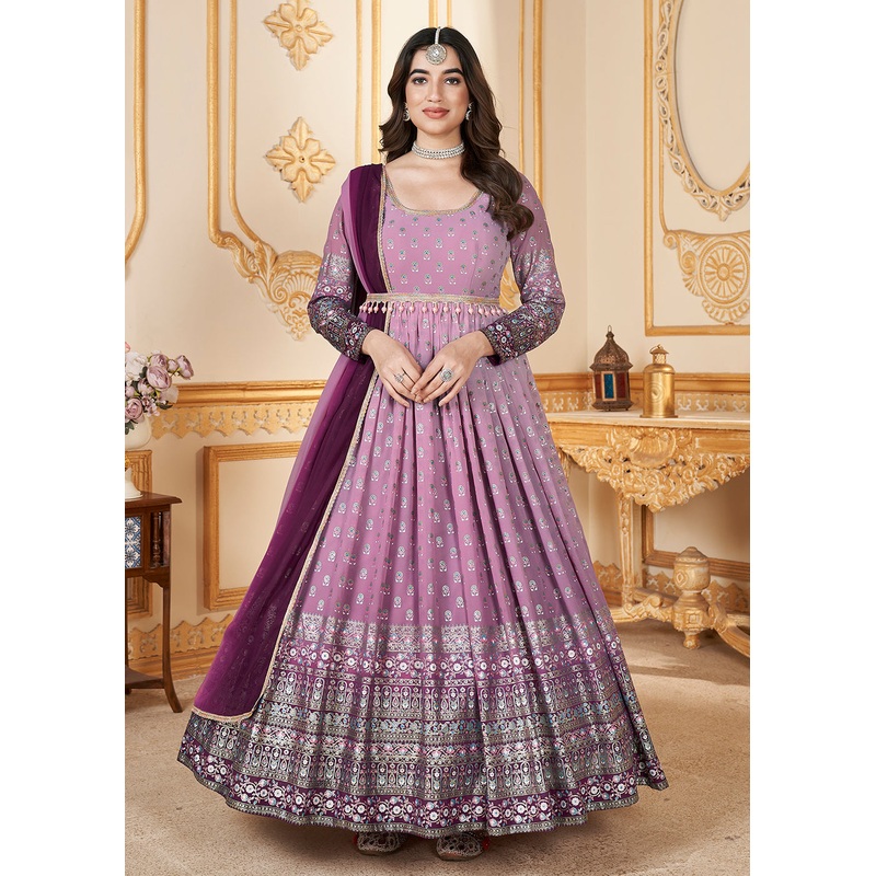 Pink Metalic Foil Work Embroidered Wedding Festive Anarkali Gown