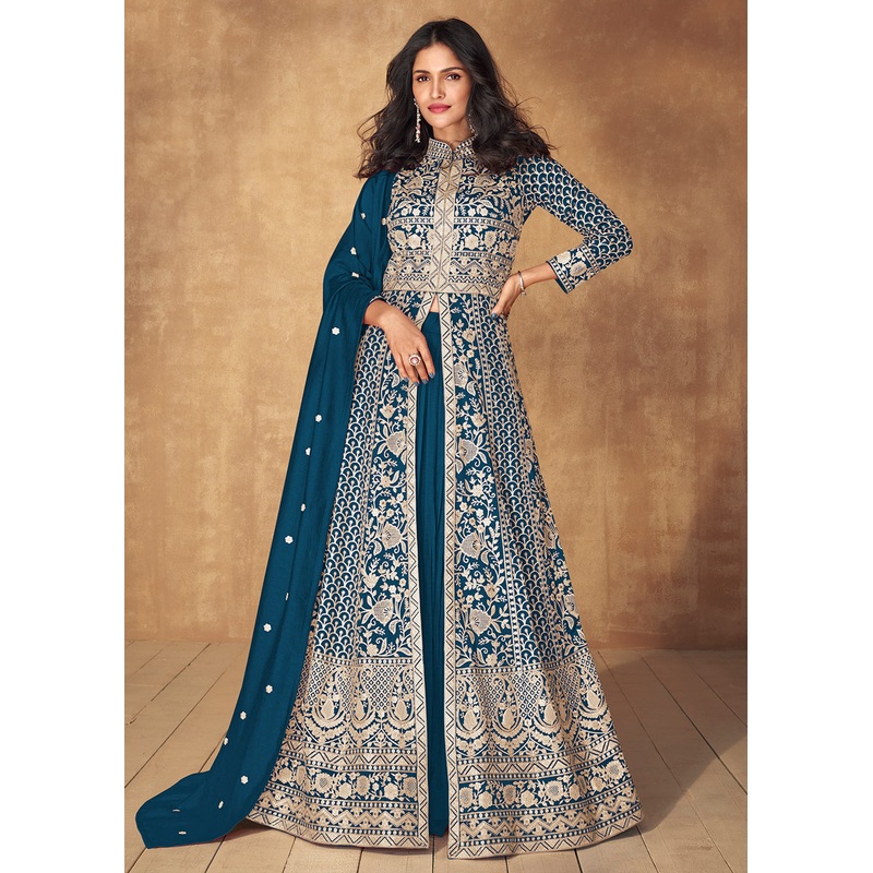 Prussian Blue Slit Style Embroidered Lehenga Anarkali Suit