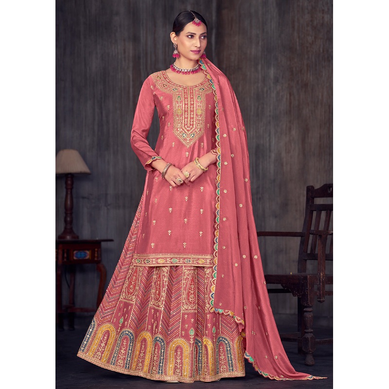 Puce Pink Heavy Chinnon Embroidered Lehenga Kurta Suit