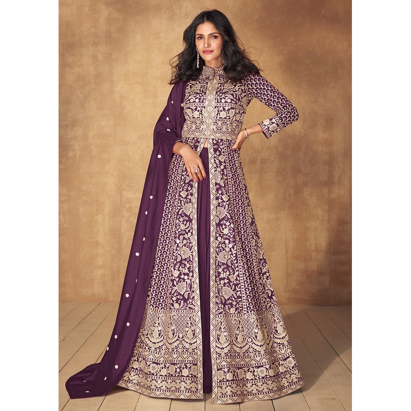Purple Slit Style Embroidered Lehenga Anarkali Suit