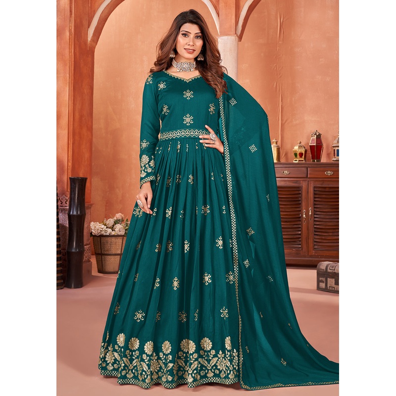 Rama Green Festive Embroidered Art Silk Anarkali Suit