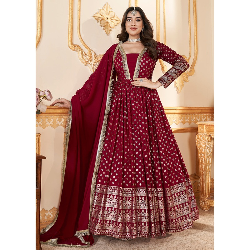 Red Metalic Foil Work Embroidered Wedding Festive Anarkali Gown