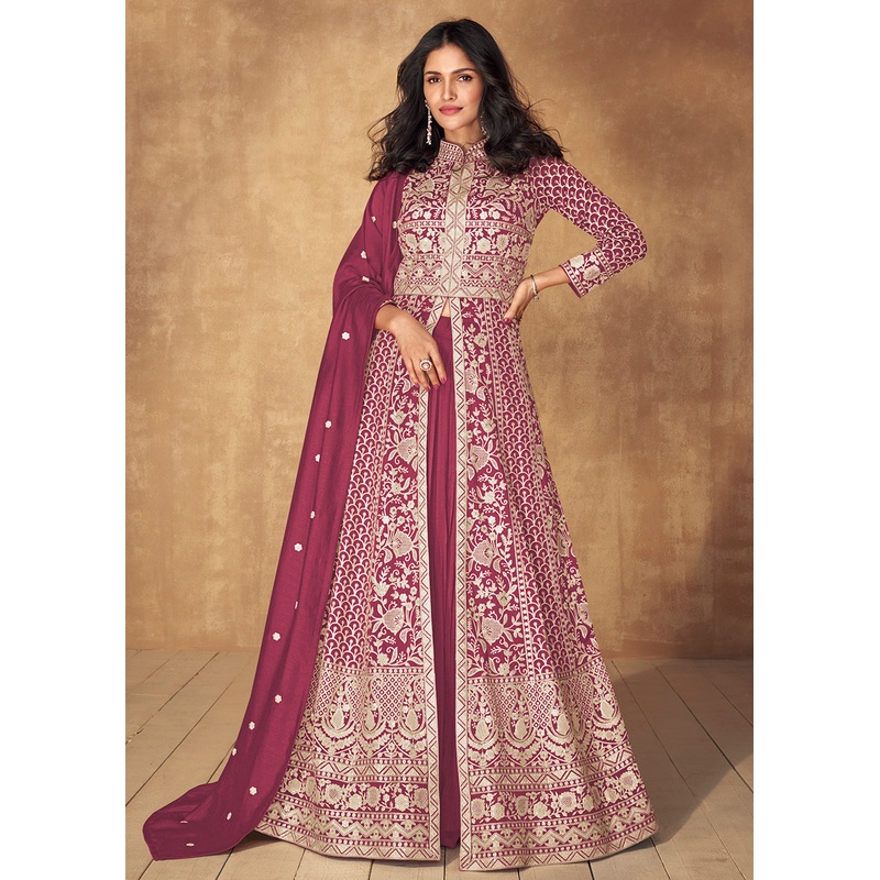 Rose Pink Slit Style Embroidered Lehenga Anarkali Suit
