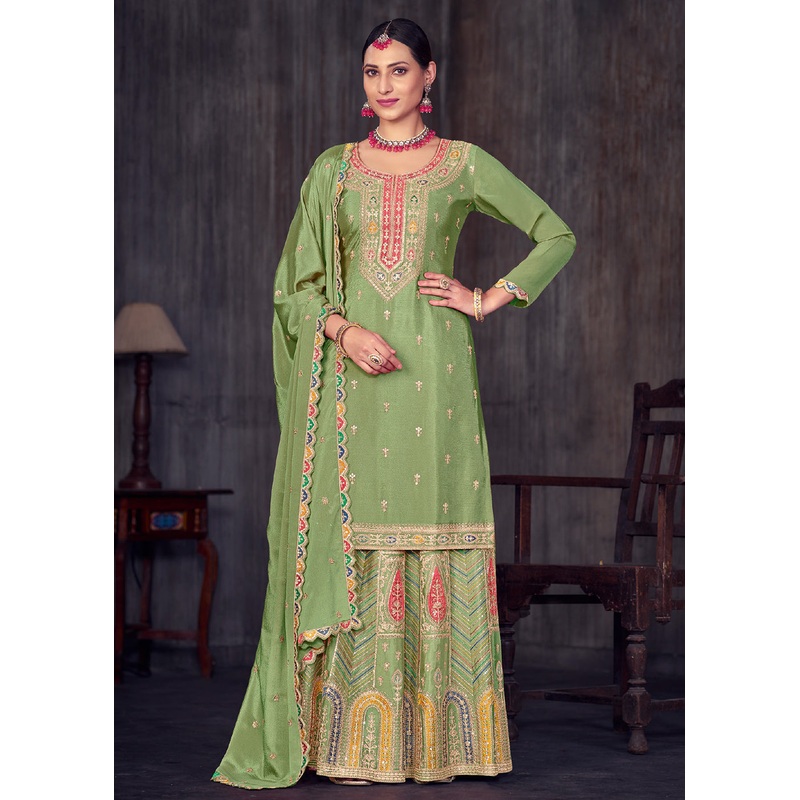 Sage Green Heavy Chinnon Embroidered Lehenga Kurta Suit