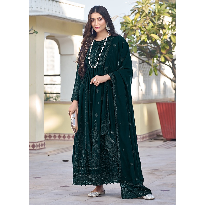 Teal Green Georgette Embroidered Frock Style Salwar Suit