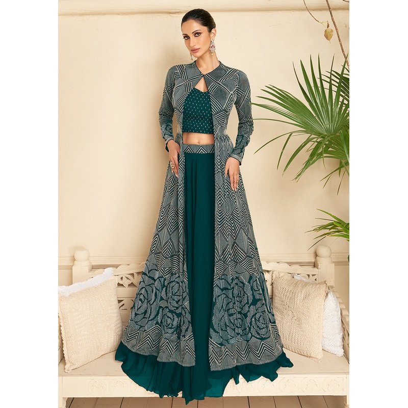 Teal Green Jacket Style Wedding Party Lehenga Skirt Suit