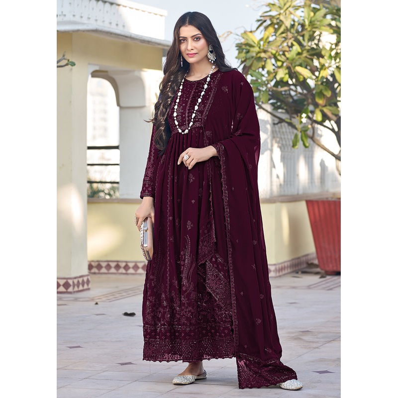 Wine Georgette Embroidered Frock Style Salwar Suit
