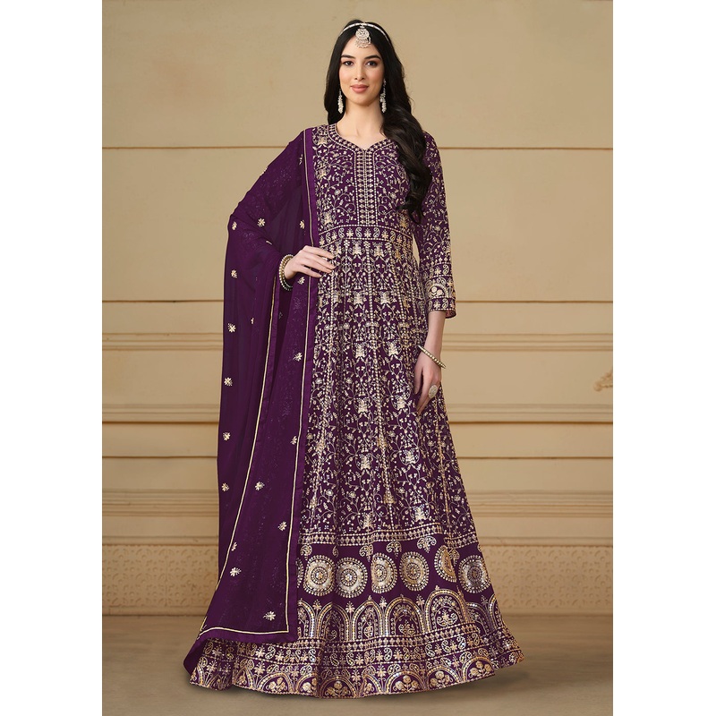 Wine Purple Embroidered Trendy Style Anarkali Suit