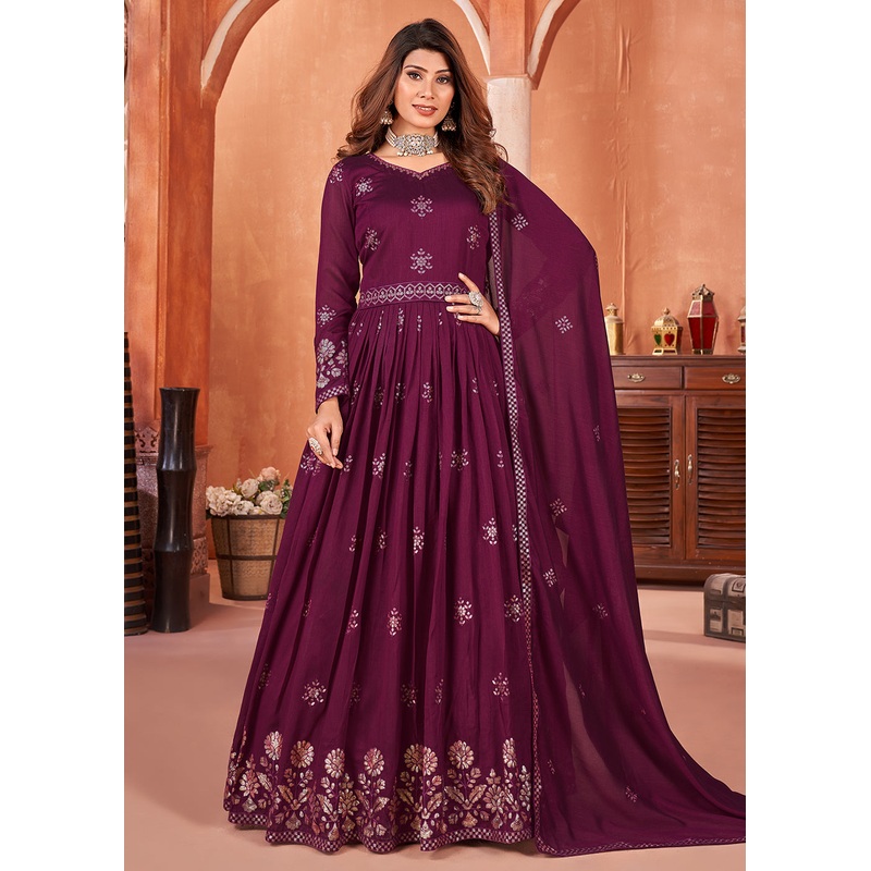 Wine Purple Festive Embroidered Art Silk Anarkali Suit
