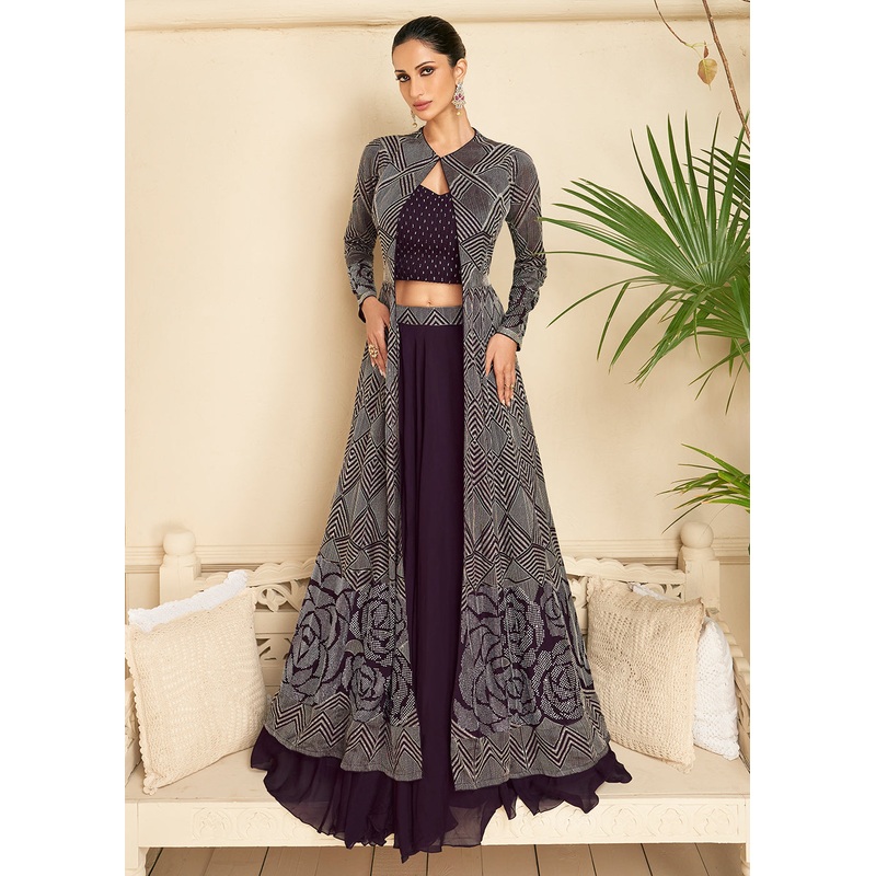 Wine Purple Jacket Style Wedding Party Lehenga Skirt Suit
