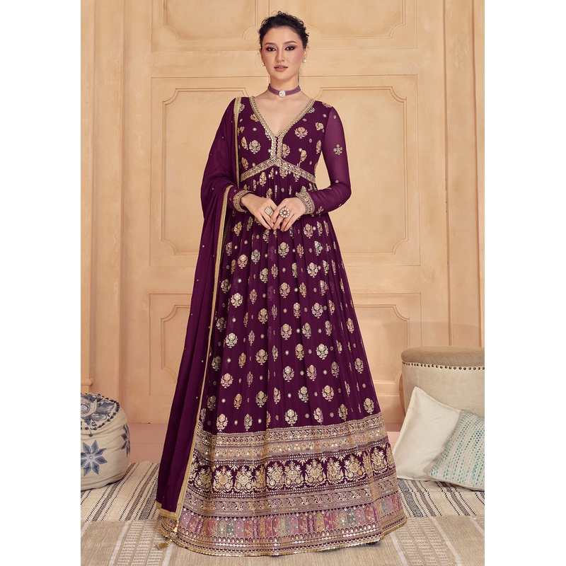 Wine Purple Real Georgette Embroidered Long Anarkali Gown