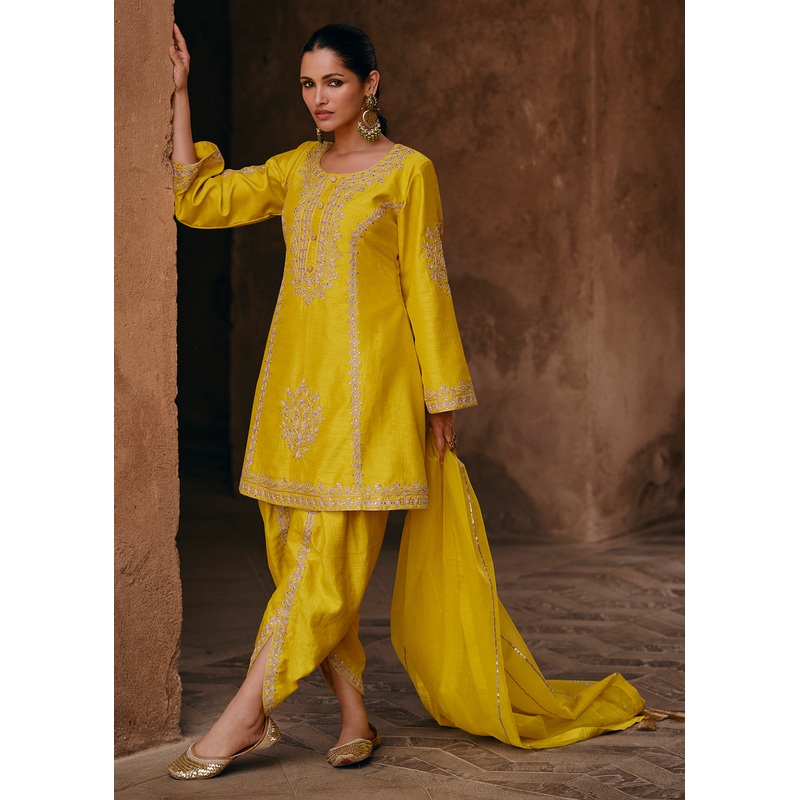 Yellow Dhoti Style Embroidered Silk Festive Salwar Suit