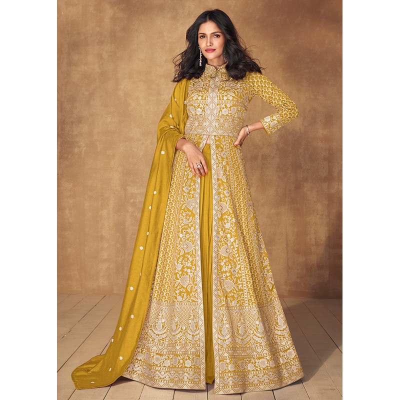 Yellow Slit Style Embroidered Lehenga Anarkali Suit