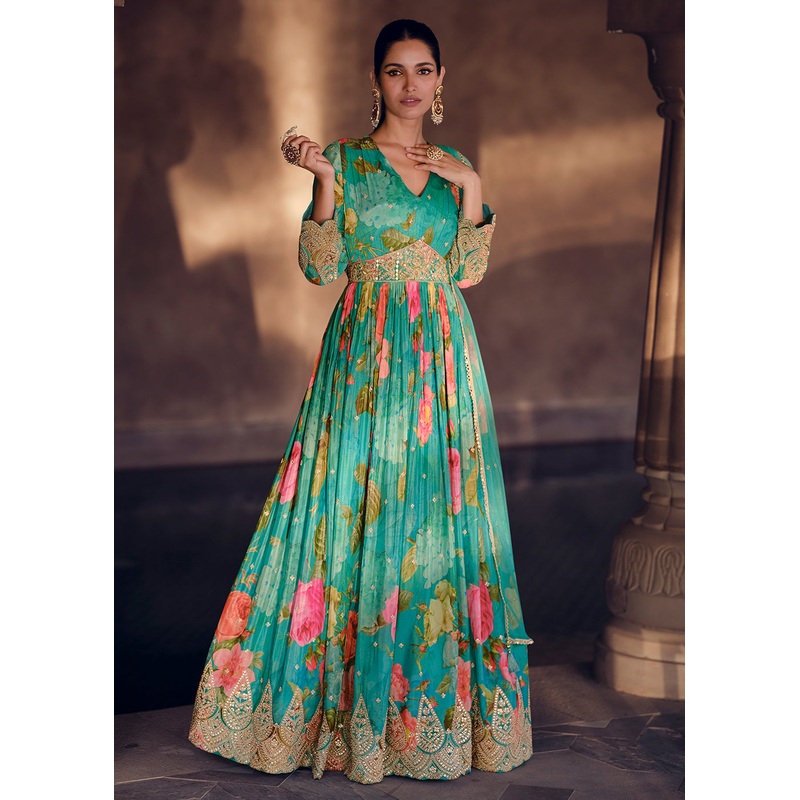 Aqua Green Digital Printed Designer Anarkali Gown