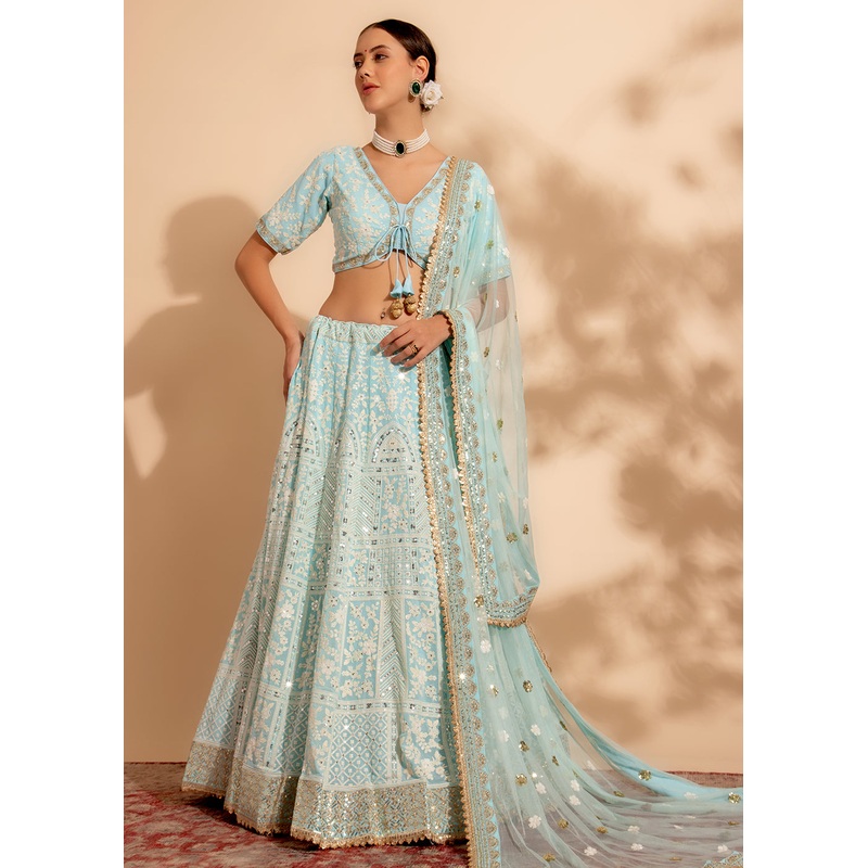 Attractive Sky Blue Bridesmaid Style Wedding Lehenga Choli