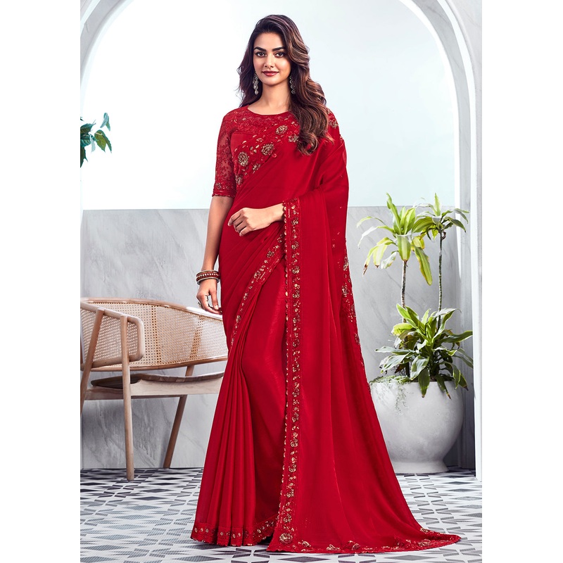 Bewitching Red Silk Embroidered Designer Saree