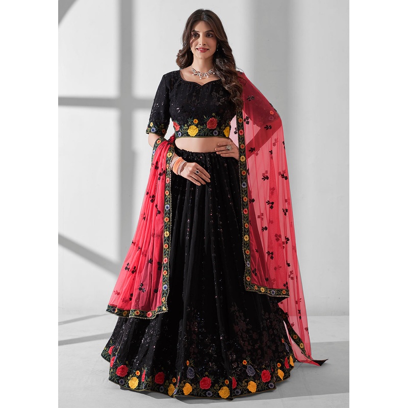 Black Multi Embroidered Wedding Festive Lehenga Choli