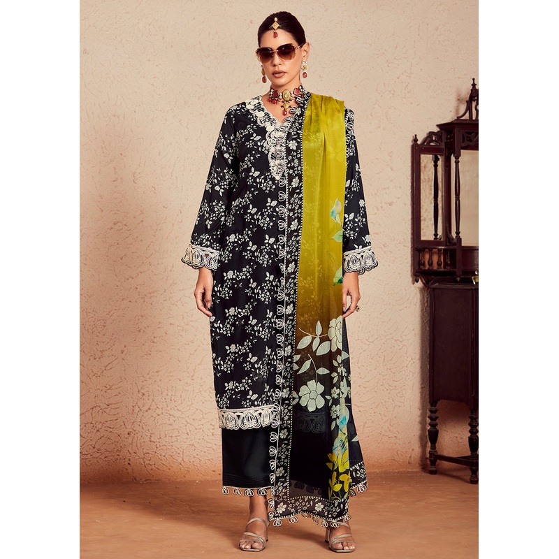 Black Muslin Cotton Digital Print & Embroidered Salwar Suit
