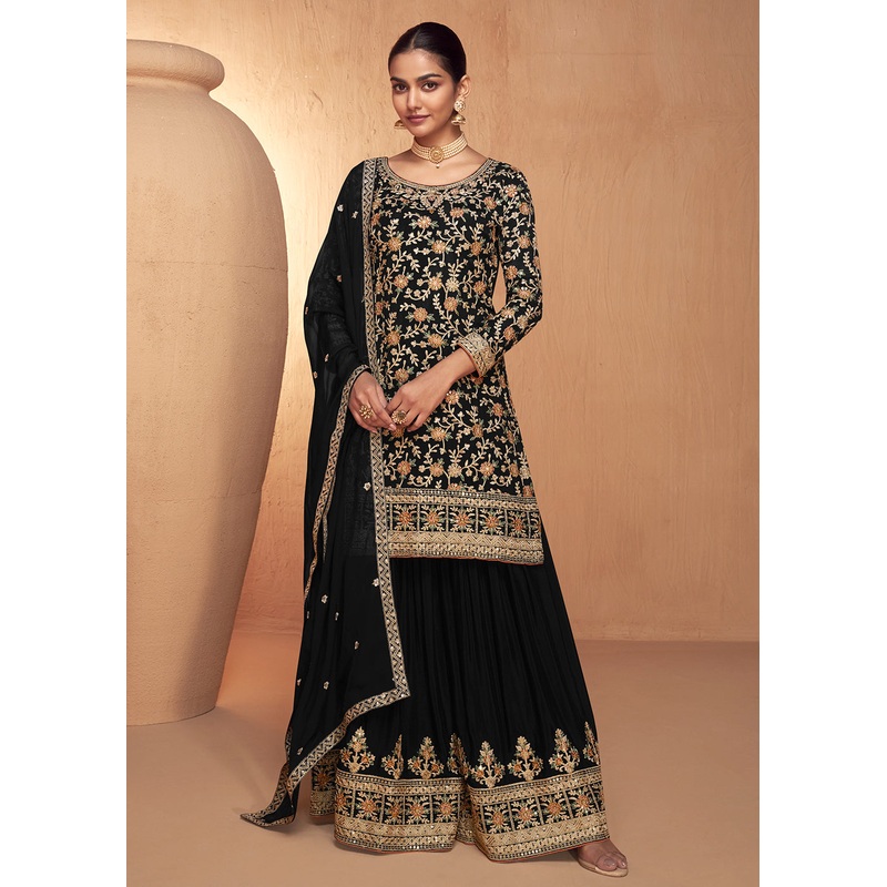 Black Real Chinnon Embroidered Wedding Festive Palazzo Suit