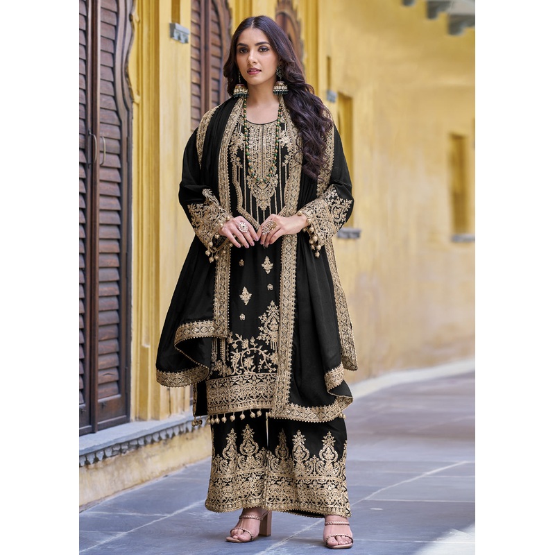 Black Semi Pure Chinnon Embroidered Wedding Palazzo Suit