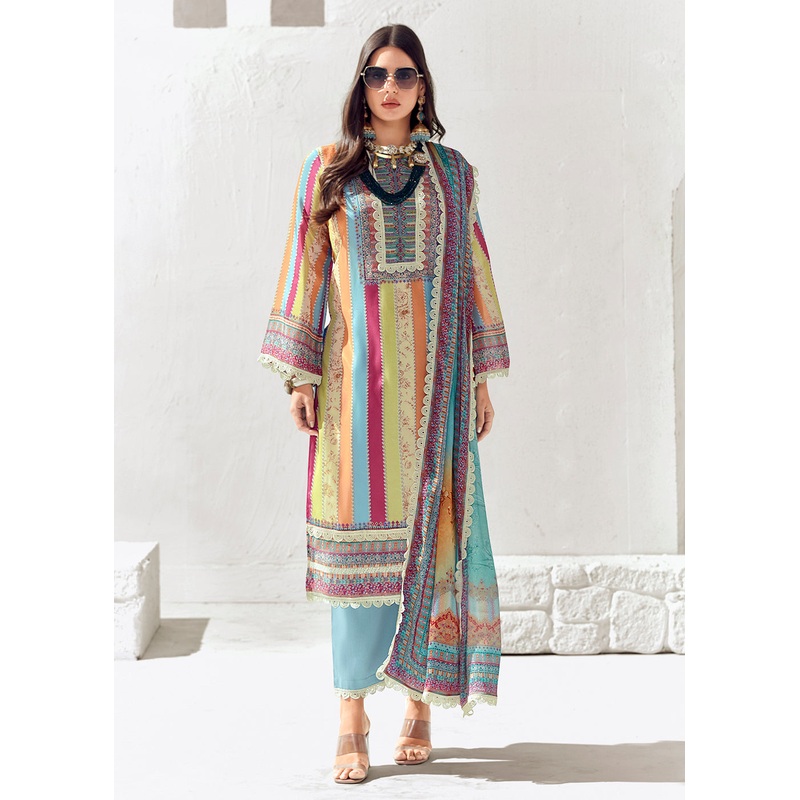 Blue Multicolor Cotton Lawn Digital Printed Salwar Suit