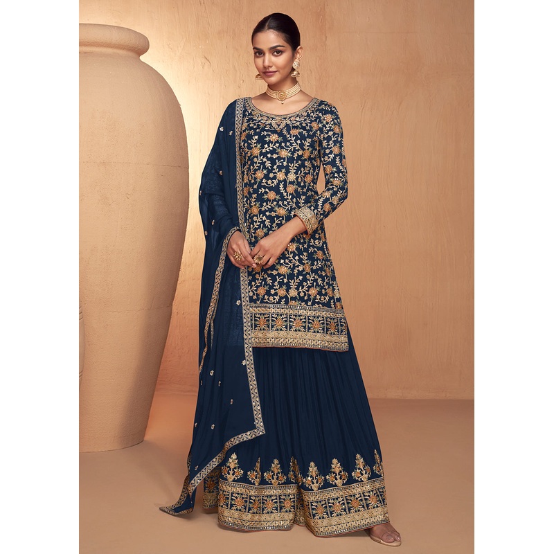Blue Real Chinnon Embroidered Wedding Festive Palazzo Suit
