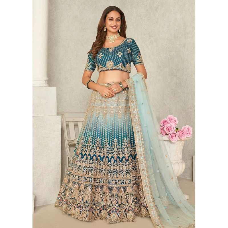 Blue Wedding Style Embroidered A Line Lehenga Choli