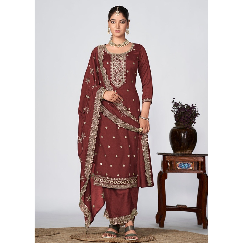 Brown Vichitra Silk Embroidered Wedding Festive Palazzo Suit