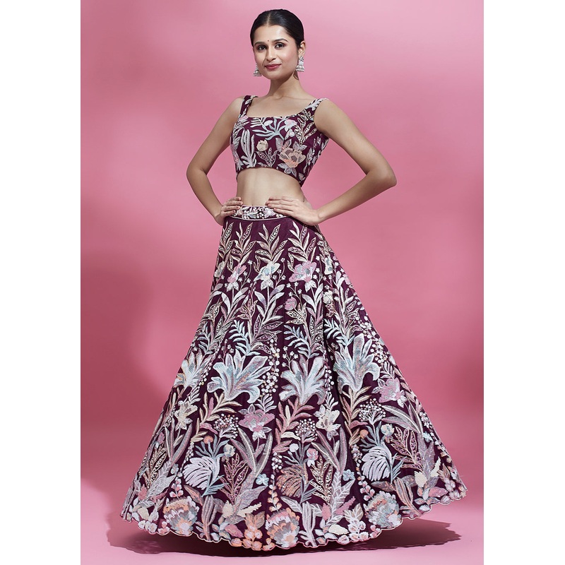Burgundy Sequinned Embroidered Bridesmaid Lehenga Choli