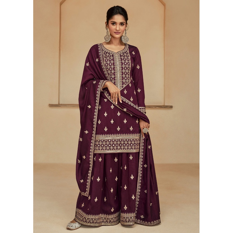 Burgundy Wine Zari & Sequins Work Palazzo Salwar Suit