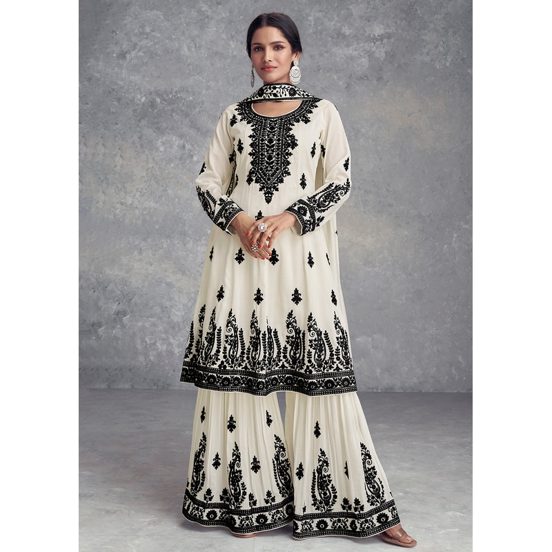 Chinnon Embroidered Off White Festive Wear Palazzo Dress