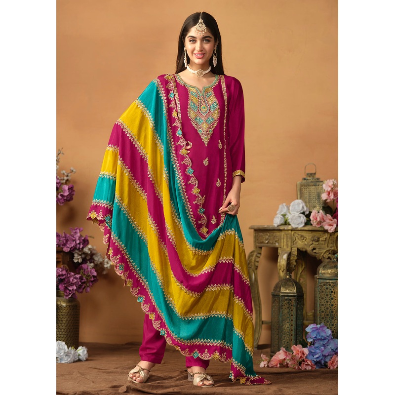 Chinnon Silk Pink Salwar Suit with Multicolor Dupatta