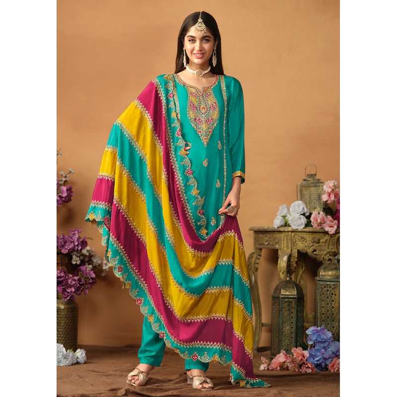 Chinnon Silk Turquoise Salwar Suit with Multicolor Dupatta