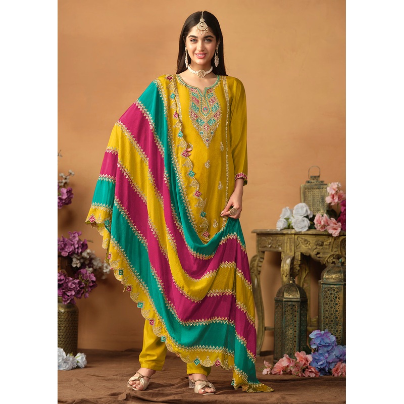 Chinnon Silk Yellow Salwar Suit with Multicolor Dupatta