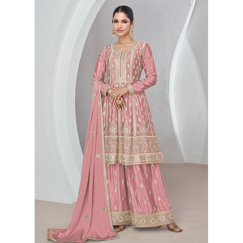 Coral Pink Chinnon Silk Wedding Festive Palazzo Dress