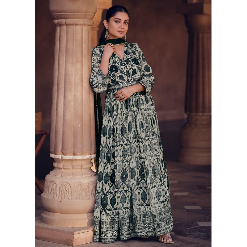 Cream Black Digital Printed Designer Anarkali Gown