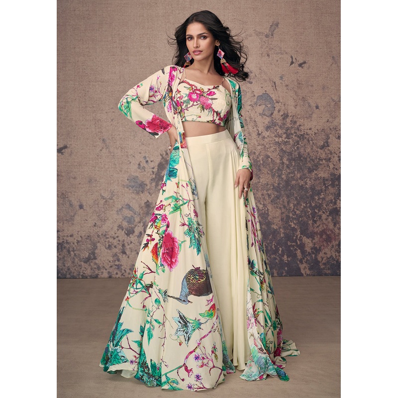 Cream Crepe Silk Jacket Style Indo Western Dress