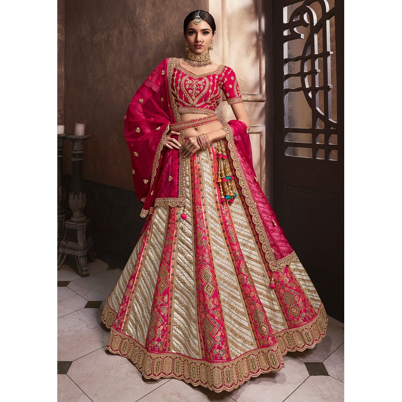 Cream & Pink Banarasi Silk Bridal Designer Lehenga Choli