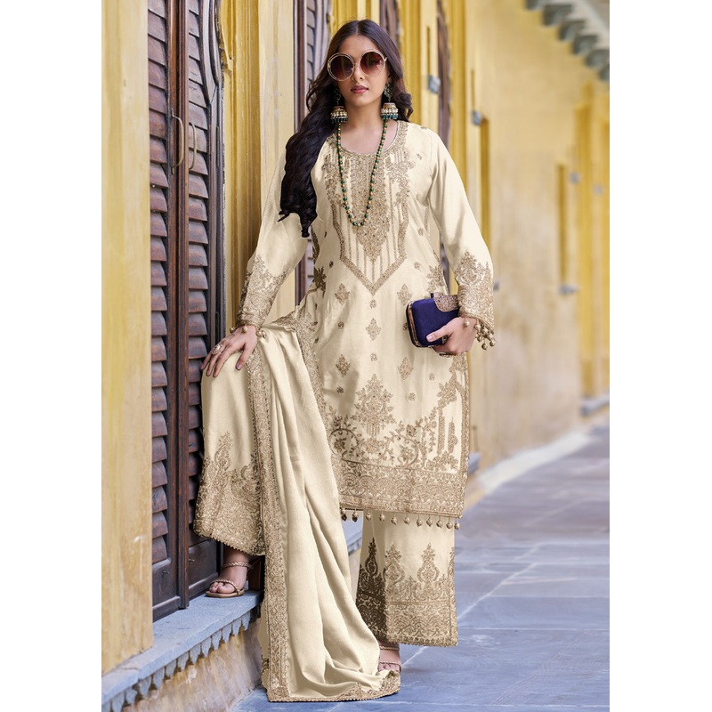 Cream Semi Pure Chinnon Embroidered Wedding Palazzo Suit