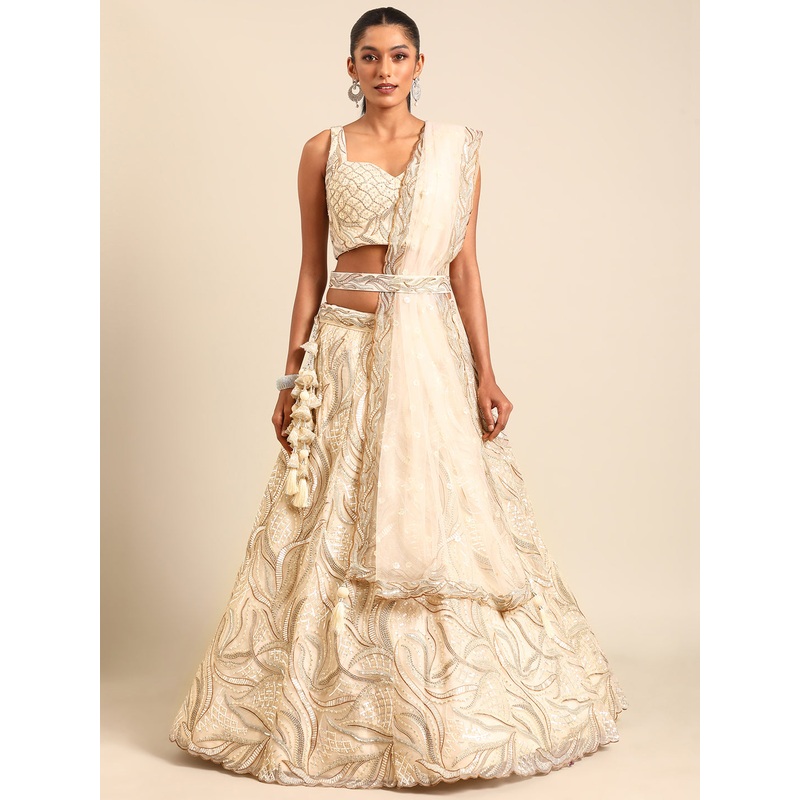 Cream Sequins & Zarkan Embroidered Reception Lehenga Choli